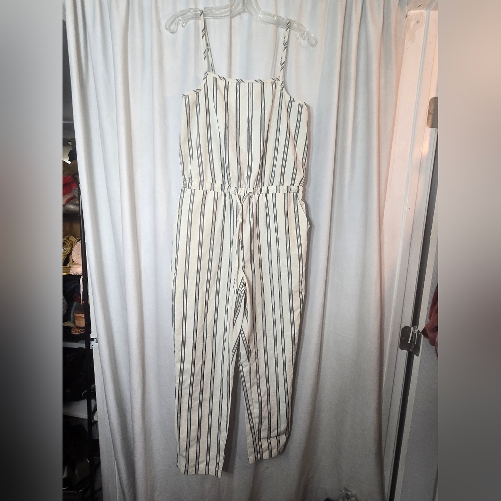 Cisono Striped Linen Jumpsuit Off White/cream Sz Large